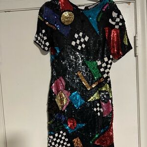 Vintage 80s AJ Bari Silk Sequin Geo Party Mini Dress Size 6 Y2K Rave Costume